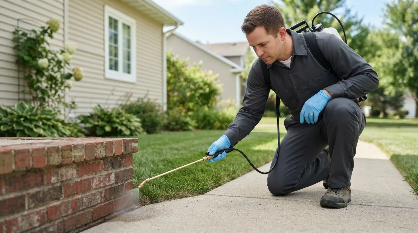 Pest control technician treating a home near Benavides, TX