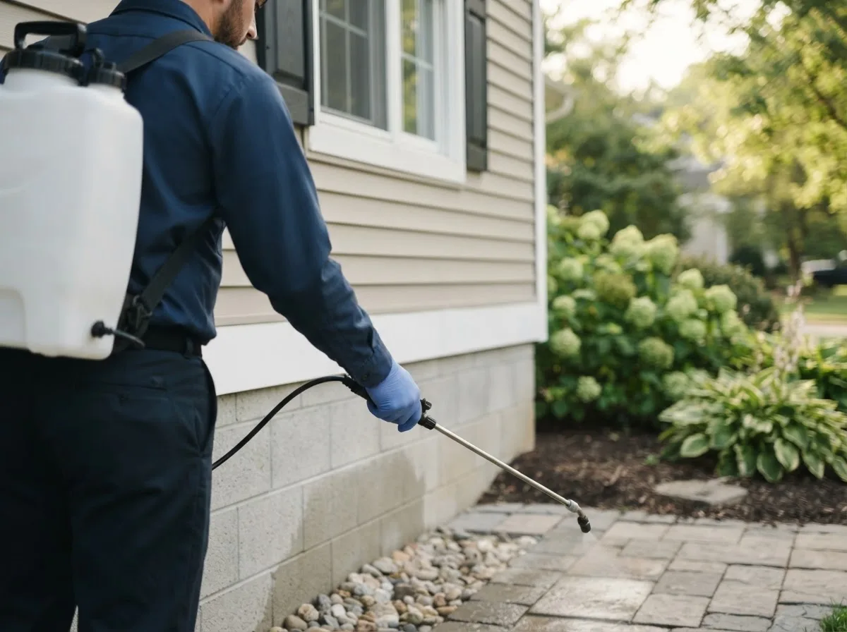 Pest control technician inspecting a home in Benavides, TX